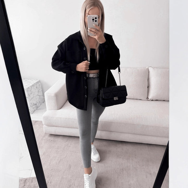 Women Oversized Shirt Jacket Shacket made of soft wool blend with patch chest pockets Mune Fashion