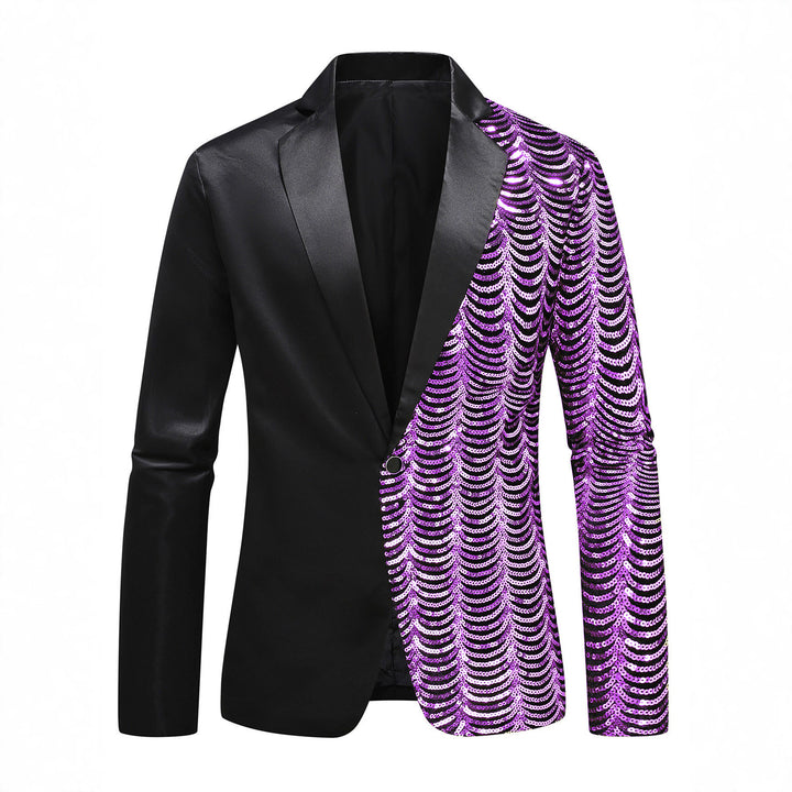 Men's Glamour Tuxedo Jacket with Half-Side Sequin Trim and Satin Lapel Mune Fashion