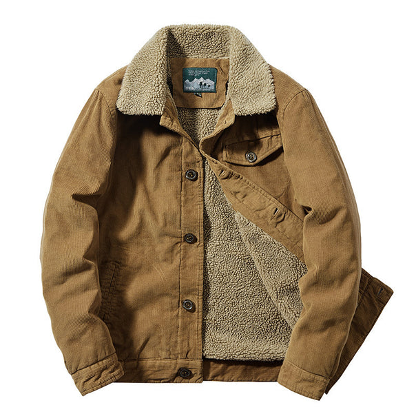 Men's Cord Worker Trucker Jacket with Warming Sherpa Lining and Shirt Collar Mune Fashion