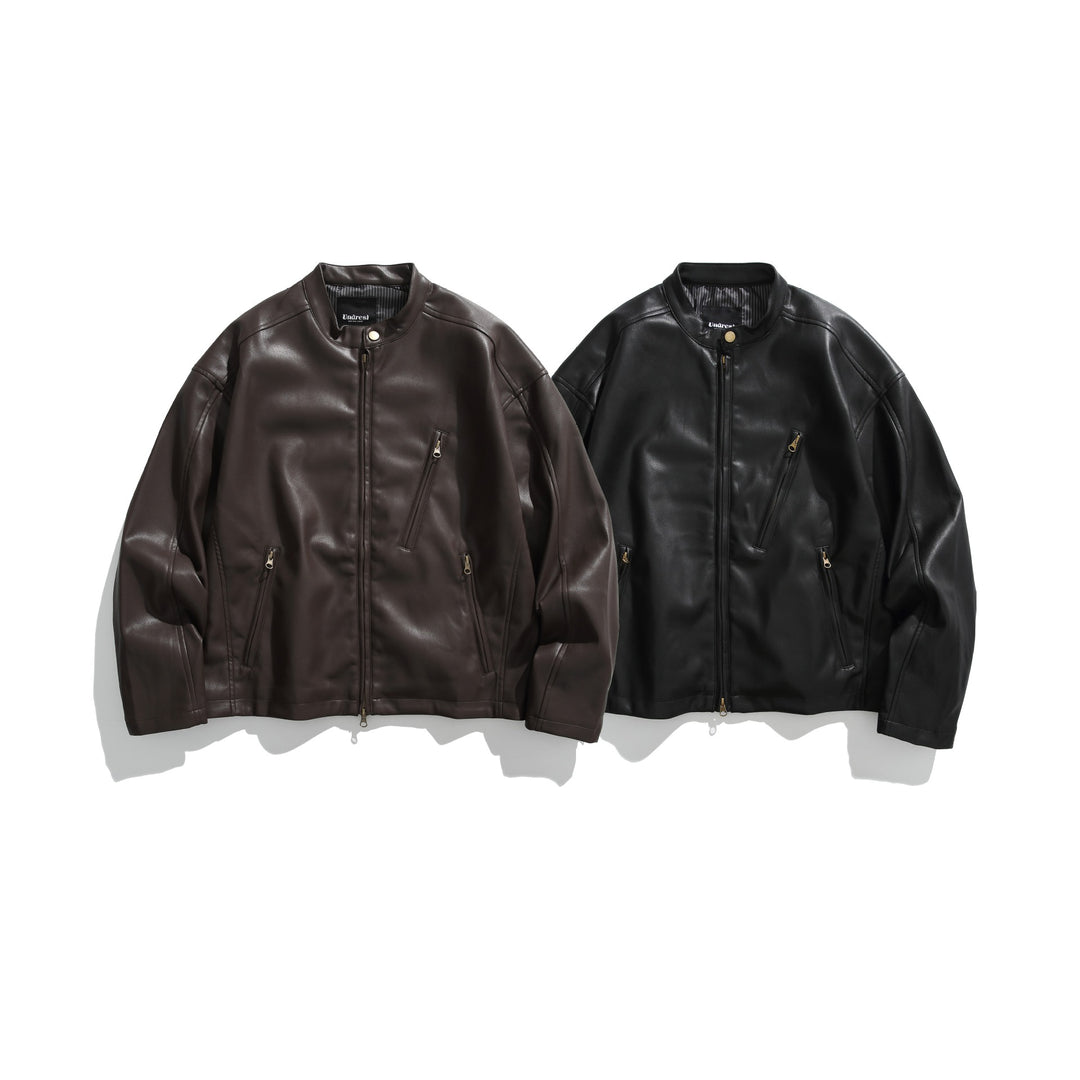 Men's leather-look bomber jacket with stand-up collar, angled zip pockets and minimalist seam design Mune Fashion