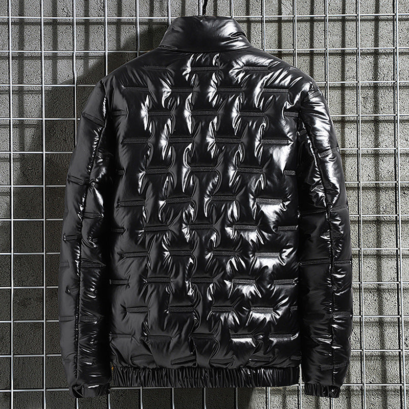 Men's Shiny Quilted Jacket with Geometric Quilting and Stand-up Collar Mune Fashion