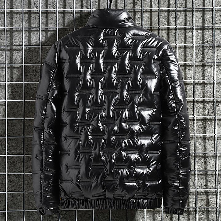 Men's Shiny Quilted Jacket with Geometric Quilting and Stand-up Collar Mune Fashion
