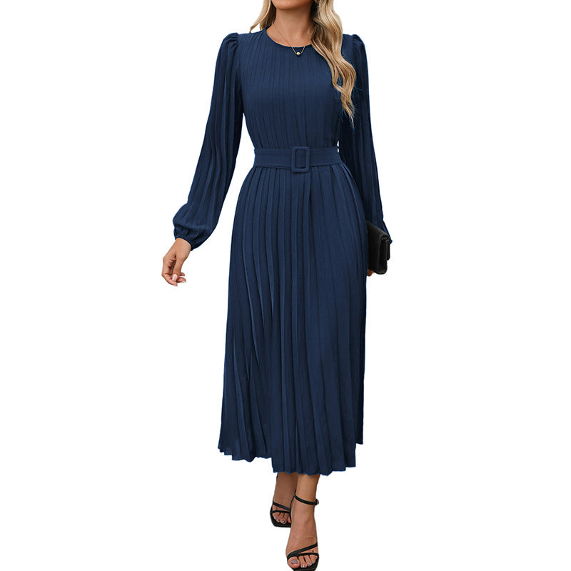 Women Elegant Pleated Maxi Dress with Waist Belt Mune Fashion