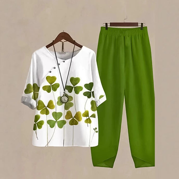 Ladies two-piece leisure set with clover print tunic and elastic comfort waistband pants Mune Fashion