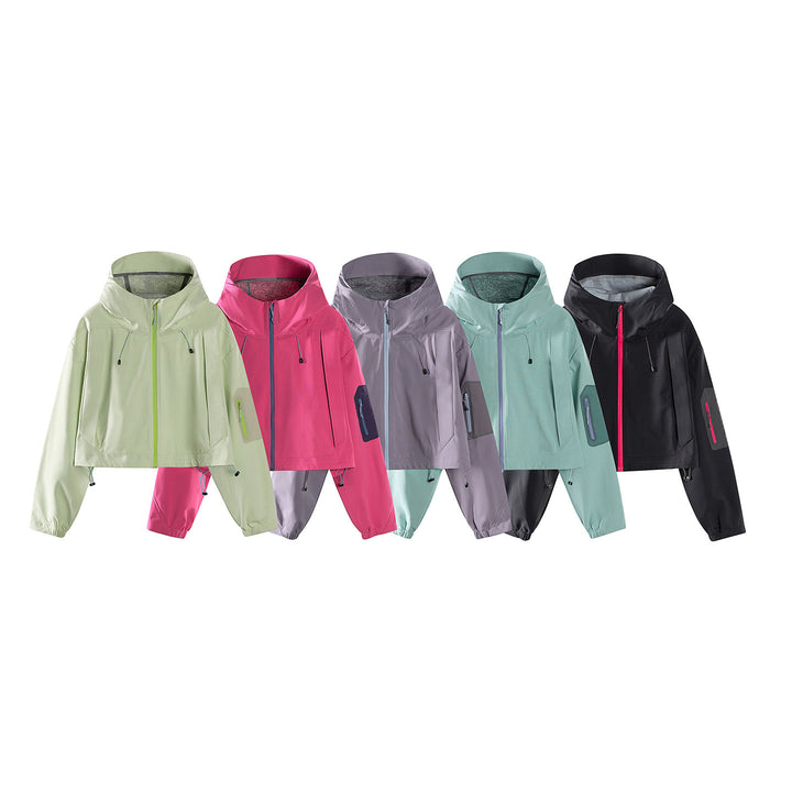 Women's Short Waterproof Hoodie Jacket with Adjustable Hem and Arm Pocket Mune Fashion
