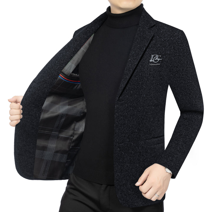 Men's Tailored Wool Blend Blazer in Structured Look with Lapels, Logo Stitch and Two-Button Front Mune Fashion