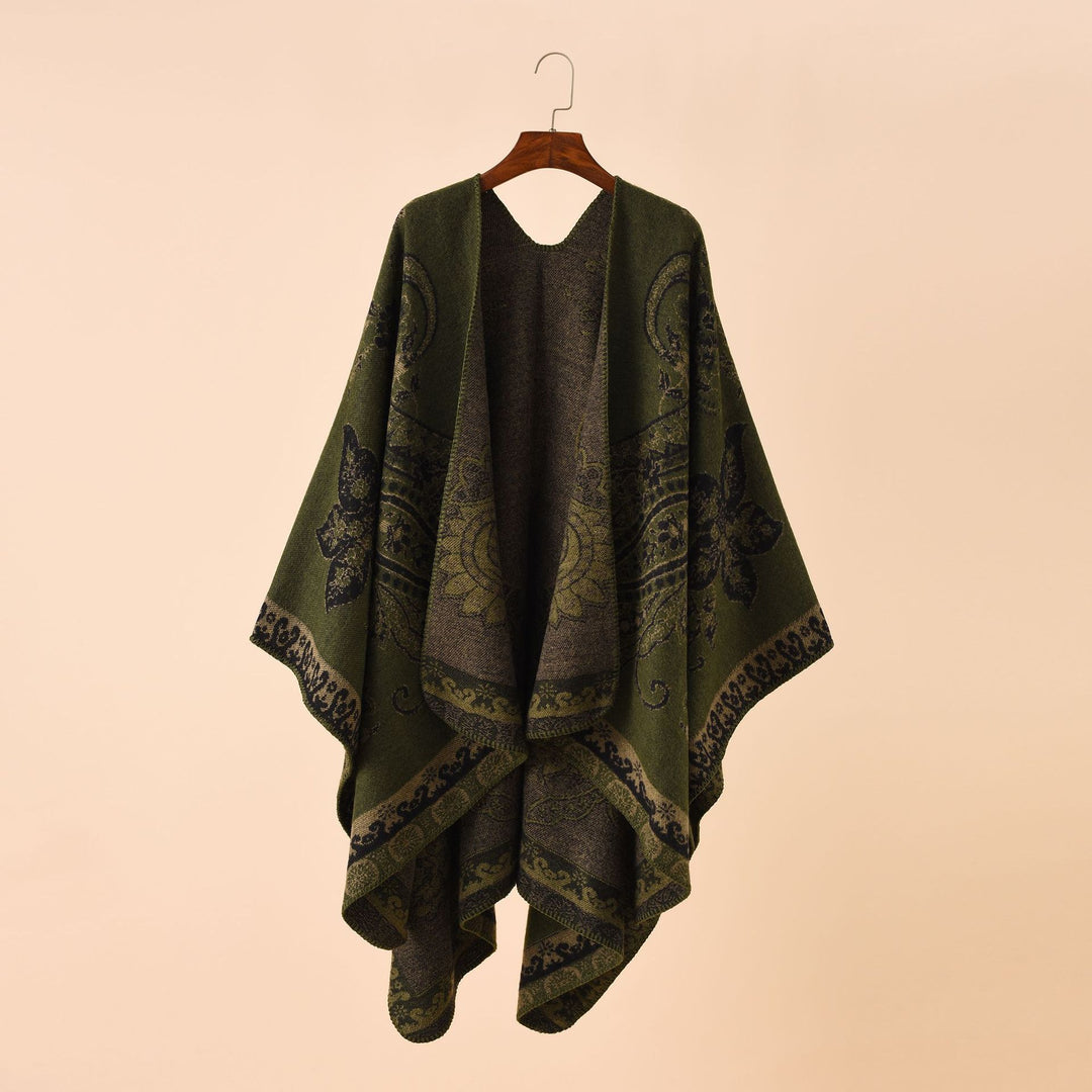 Ladies Elegant Jacquard Poncho with Paisley Pattern and Open Front Mune Fashion