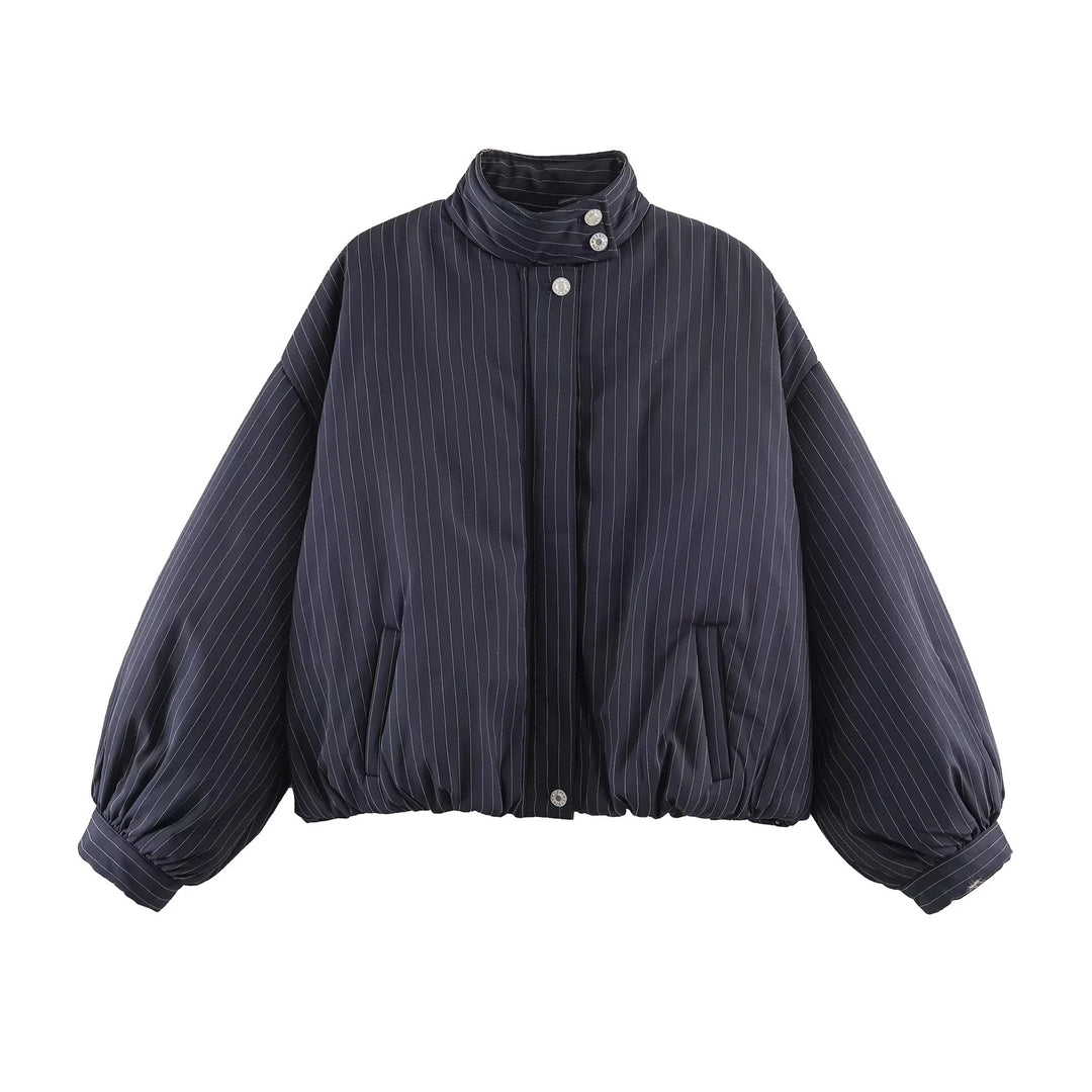 Women's oversized quilted bomber jacket with high stand-up collar and fine pinstripes Mune Fashion