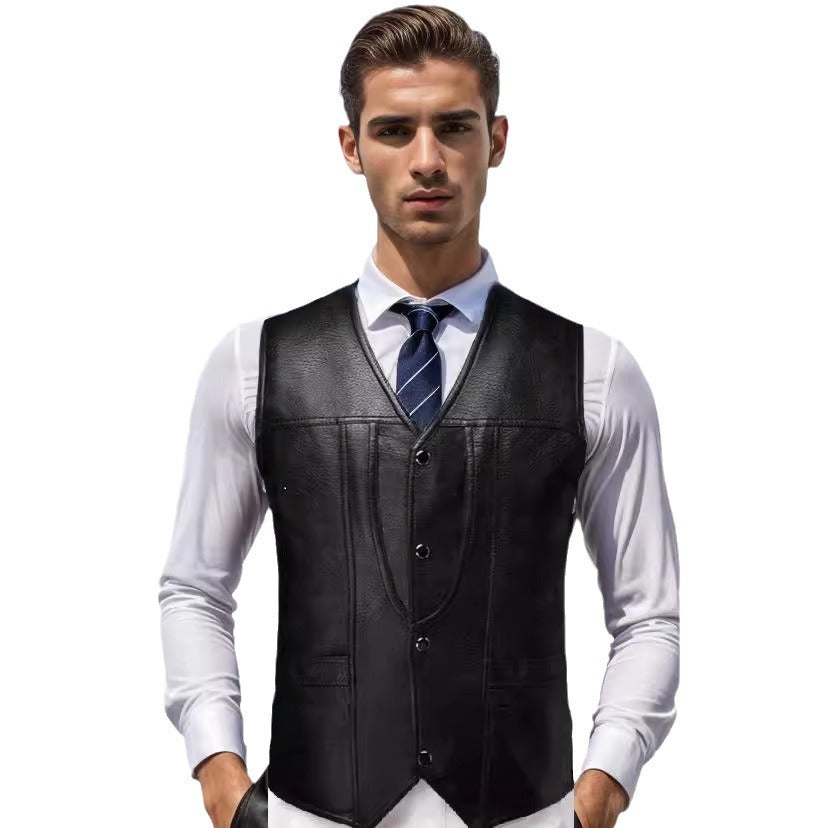 Men's Sleeveless Tailored Leather Vest with V-Neck, Decorative Seams and Button Placket Mune Fashion