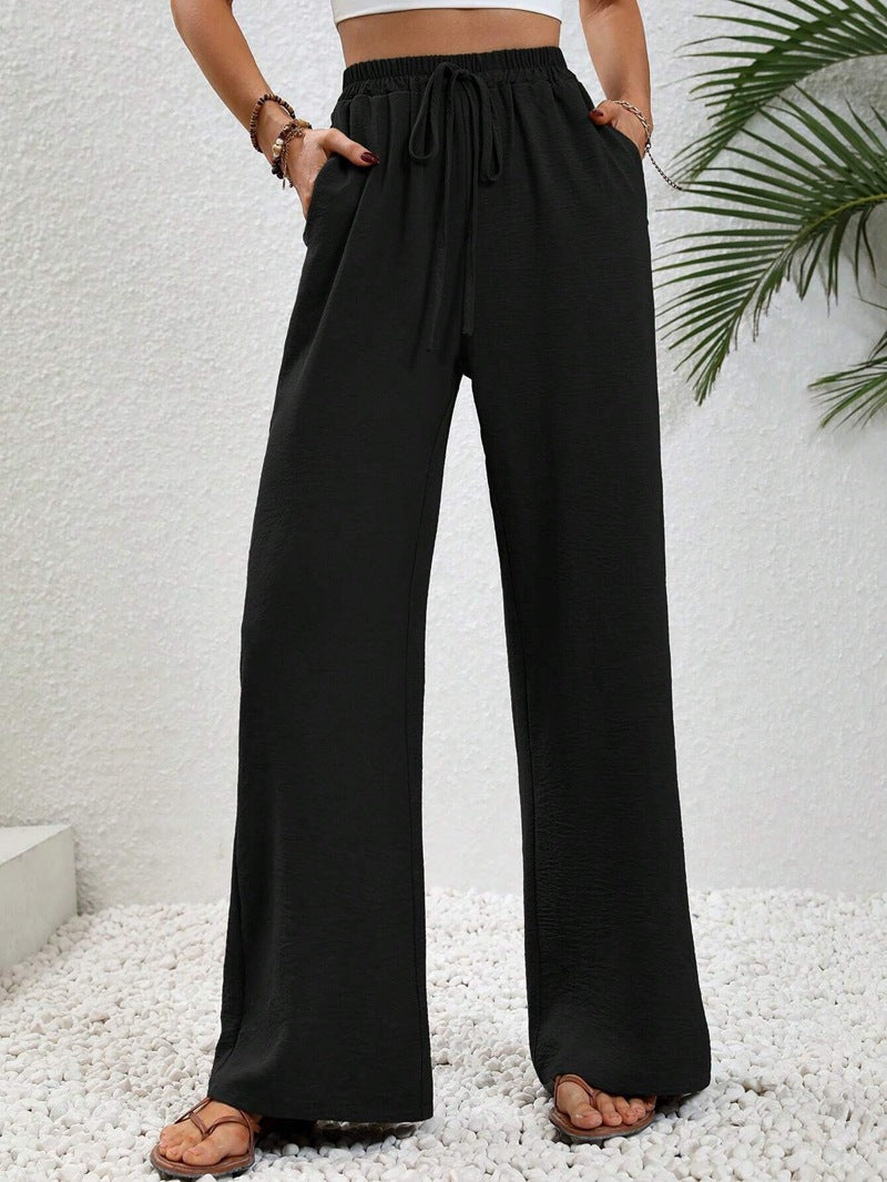 Women Wide Palazzo Pants with High Elastic Waistband, Drawstring and Side Pockets Mune Fashion