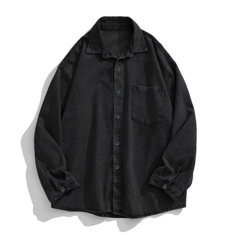 Unisex Lockeres Denim Shirt with Chest Pocket, Rounded Hem and Continuous Button Placket Mune Fashion