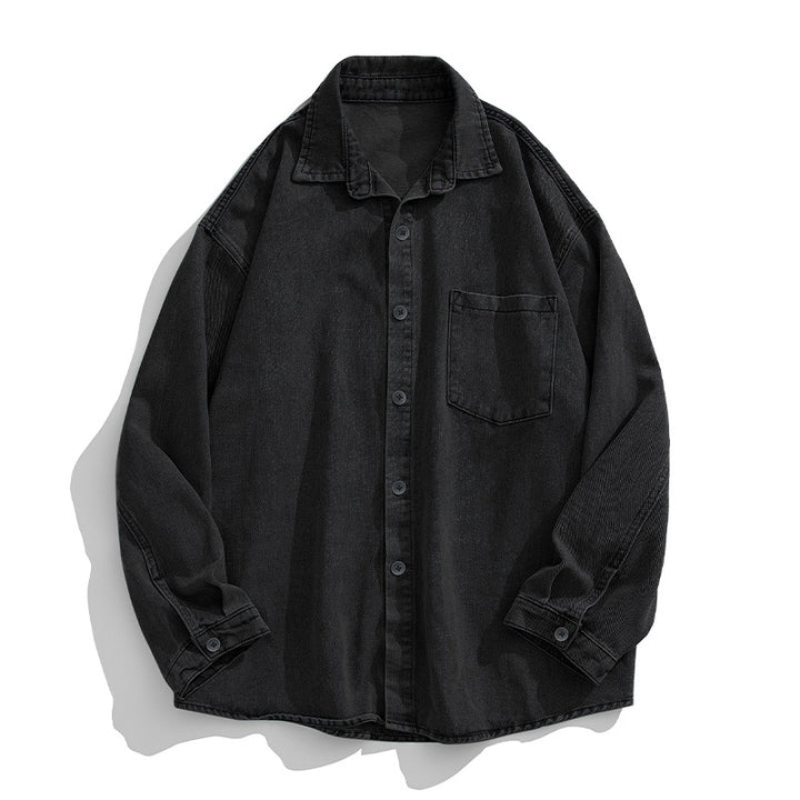 Unisex Lockeres Denim Shirt with Chest Pocket, Rounded Hem and Continuous Button Placket Mune Fashion