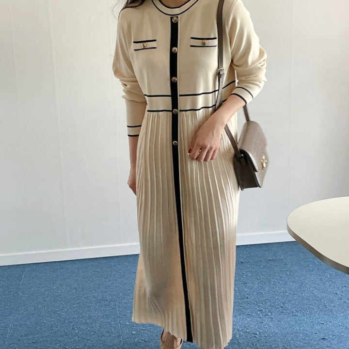 Ladies Elegant Long Knit Dress with Contrast Piping, Decorative Button Placket and Pleated Skirt Mune Fashion