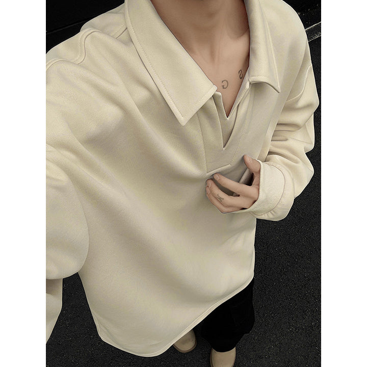 Men's Oversized Polo Sweatshirt with Deep V-Neck, Shirt Collar and Ribbed Cuffs Mune Fashion