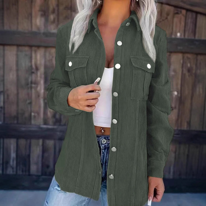 Women's Longline Cord Shirt Jacket with Chest Flaps and Snap Button Placket Mune Fashion