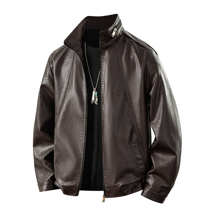 Men's timeless faux leather bomber jacket with soft-touch surface, standing collar, and concealed two-way zipper Mune Fashion