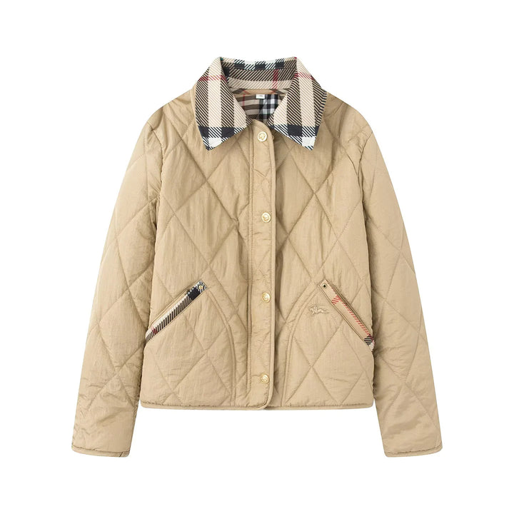 Women's padded short jacket with check collar and piped side pockets Mune Fashion