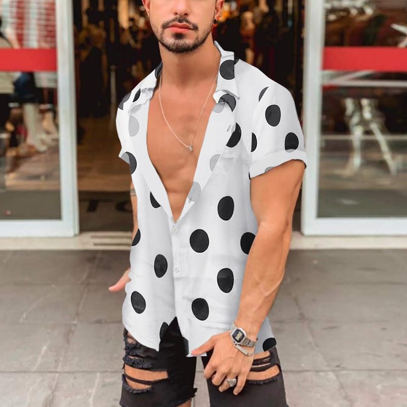 Men's short-sleeved shirt with large polka dot print, deep lapel collar and open button placket Mune Fashion