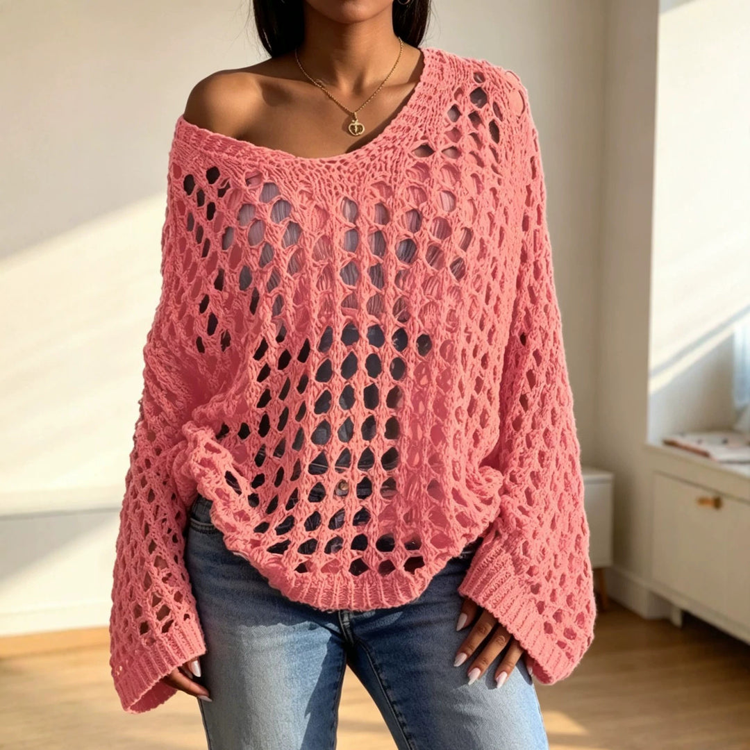 Women Loose Crocheted Oversize Lacy Sweater with V-Neck Mune Fashion