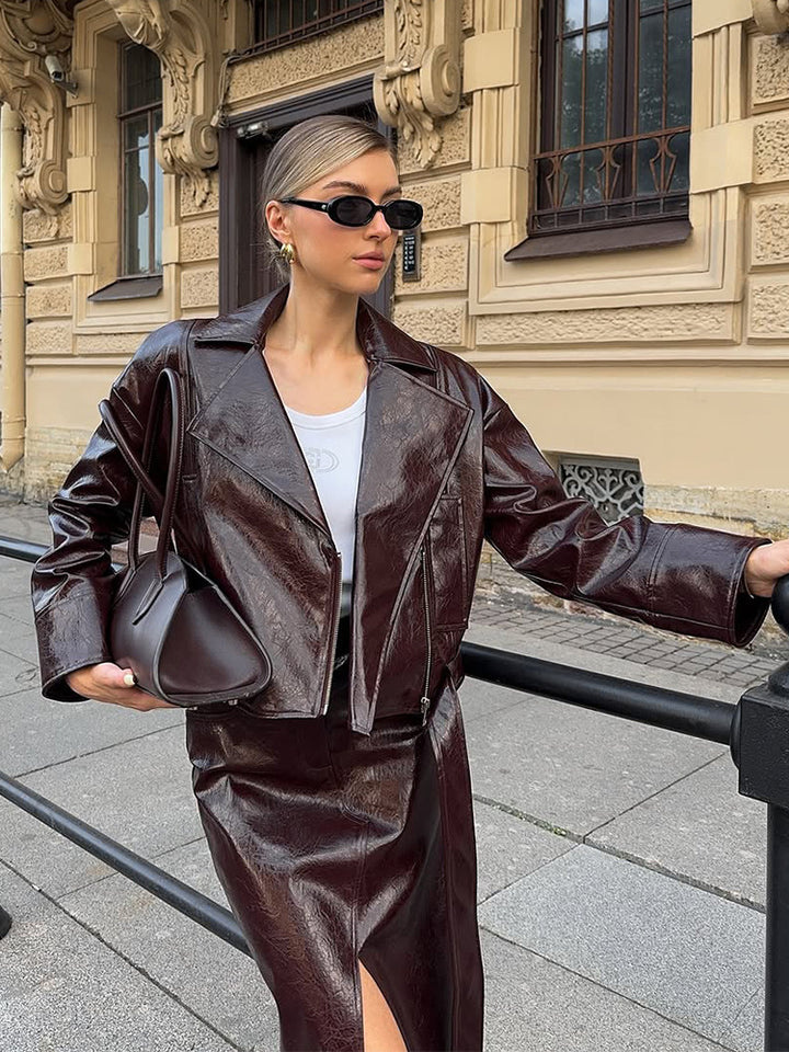 Women's Patent Leather Biker Jacket with Oversized Lapels, Boxy Cut & Visible Zipper Mune Fashion