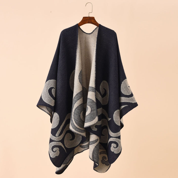 Women's Wool Blend Cape Poncho in Ruana Cut with Ornamental Intarsia Structure Mune Fashion