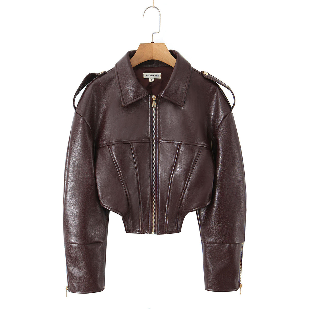 Women's cropped leather jacket with fitted corset look, shoulder epaulets and zipper Mune Fashion