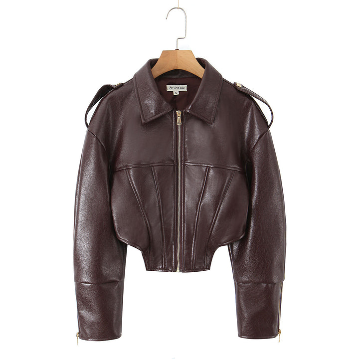 Women's cropped leather jacket with fitted corset look, shoulder epaulets and zipper Mune Fashion