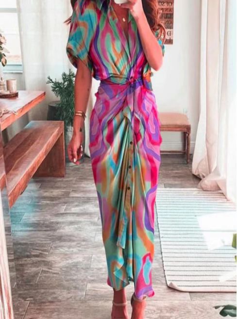 Women’s draped shirt midi dress with waist tie belt, side draping and button placket Mune Fashion