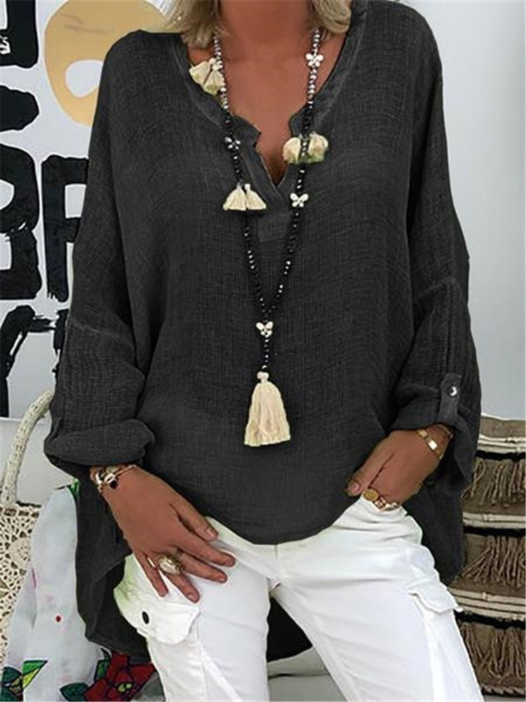 Ladies' nano structured cotton tunic in a loose fit with V-neck, rolled sleeves, and extended back hem Mune Fashion