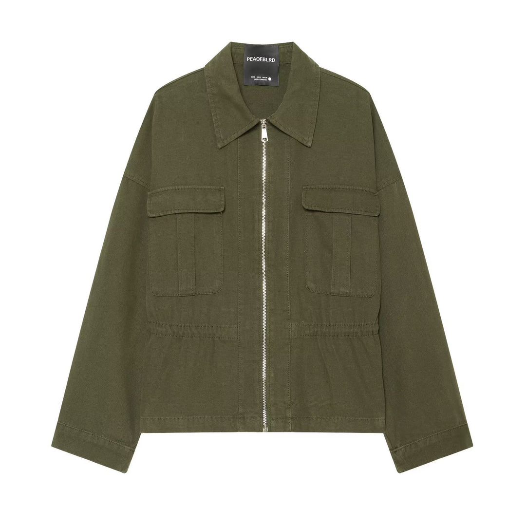 Women's short utility jacket with zipper, patch chest pockets and waist drawstring Mune Fashion
