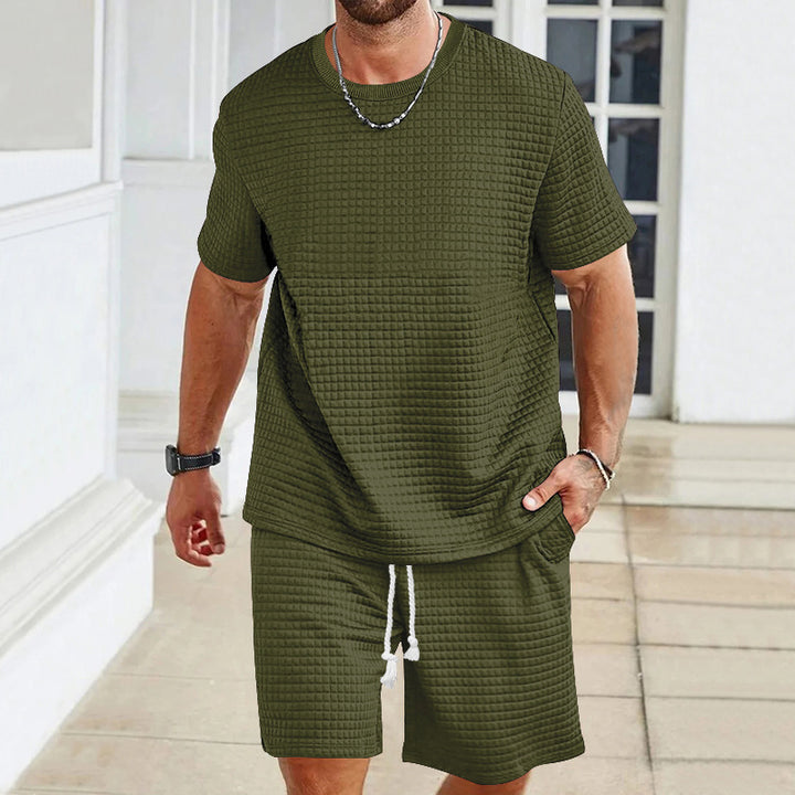 Men's light leisure two-piece set in waffle structure with round neck T-shirt and comfortable shorts Mune Fashion
