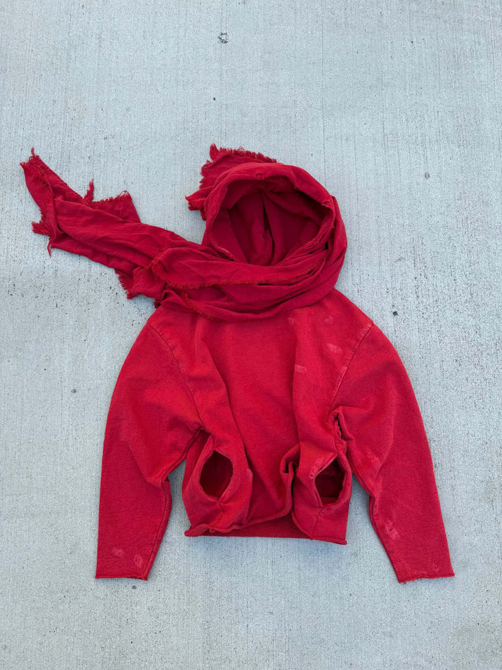 Unisex hooded pullover in usage marks style with attached tube scarf and frayed openings Mune Fashion