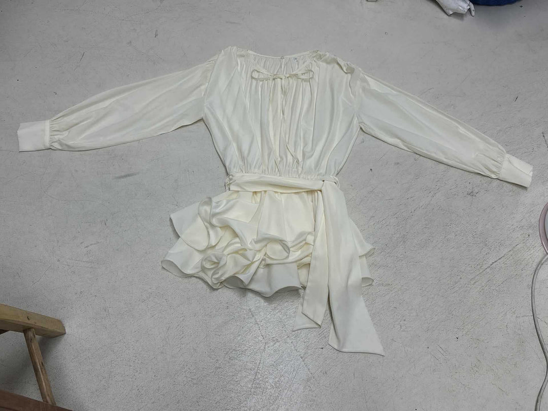 Women's Romantic Ruffle Blouse with Waist Belt and Balloon Sleeves Mune Fashion