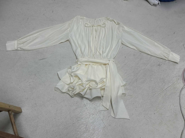 Women's Romantic Ruffle Blouse with Waist Belt and Balloon Sleeves Mune Fashion