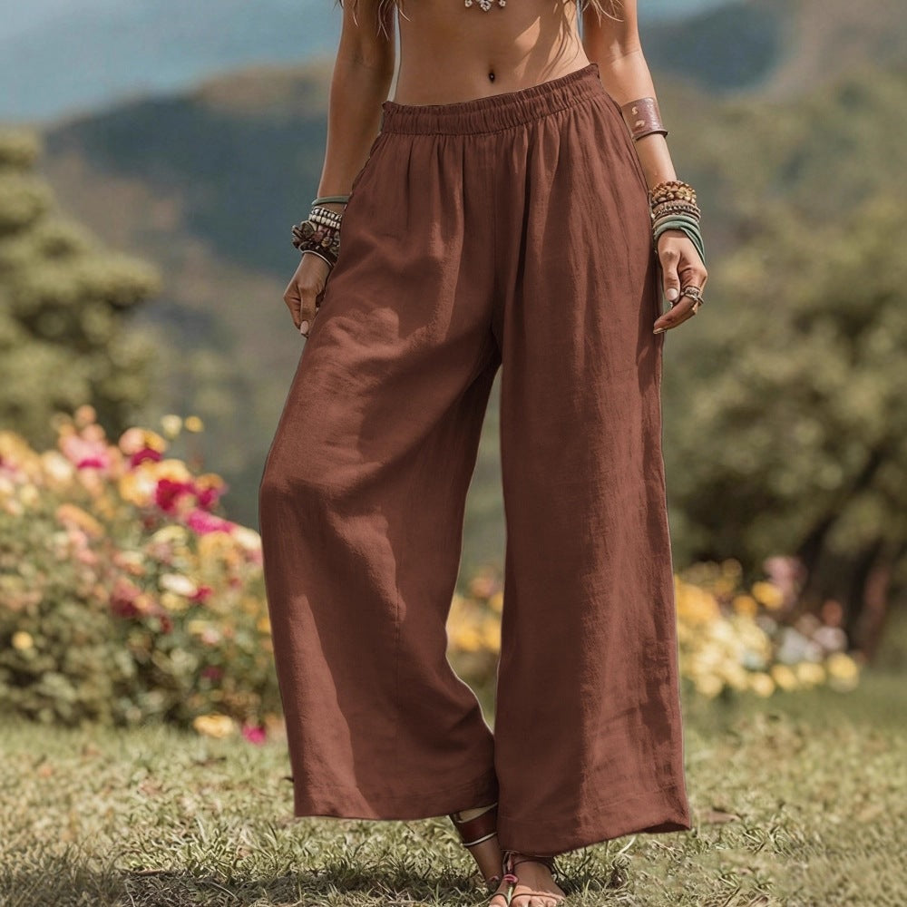 Women's Wide Linen Look Palazzo Pants with Elastic Waistband and Pockets Mune Fashion