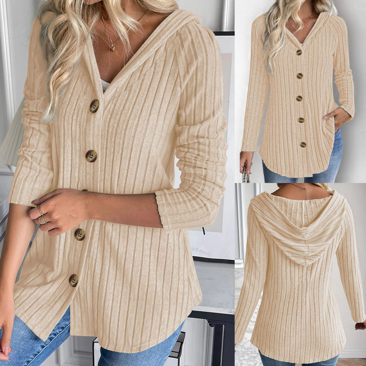 Women's Ribbed Hoodie Cardigan Blouse with Wooden Button Placket and Gathered Sleeves Mune Fashion