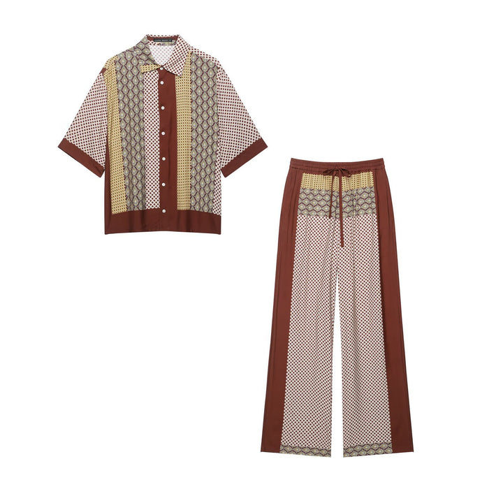 Women's Wide Palazzo Pants with Print Inserts, Drawstring Waistband and Side Piping Drune