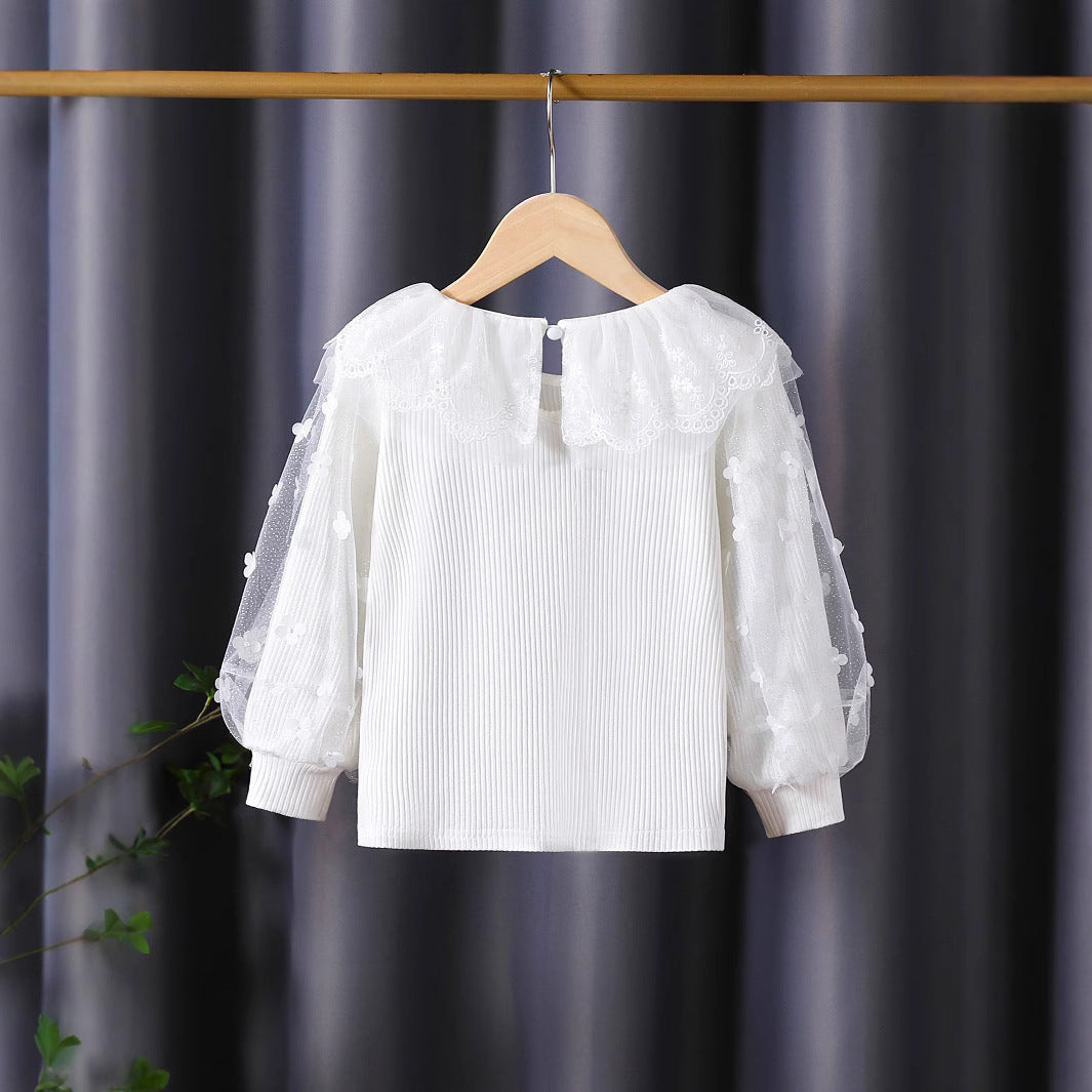Ladies blouse with romantic tulle collar and floral embroidery Mune Fashion