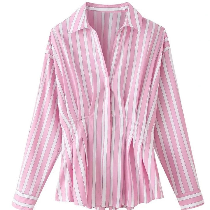 Women tailored blouse with tuck pleats and shirt collar Mune Fashion