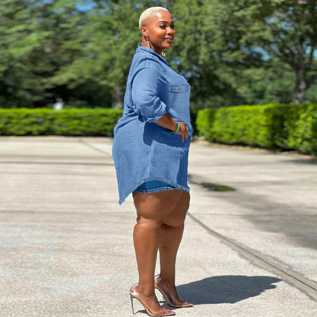Ladies Oversized Denim Shirt Blouse in Longline Cut with Rolled Sleeves and Breast Pockets Mune Fashion