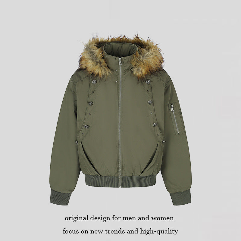 Women's short-cut bomber jacket with faux fur hood and eyelet application Mune Fashion