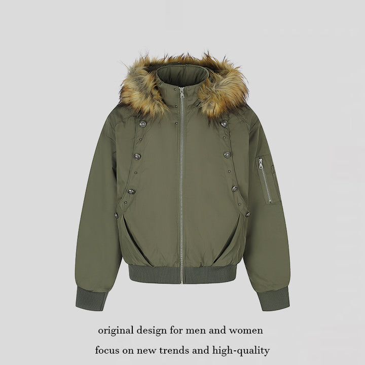 Women's short-cut bomber jacket with faux fur hood and eyelet application Mune Fashion