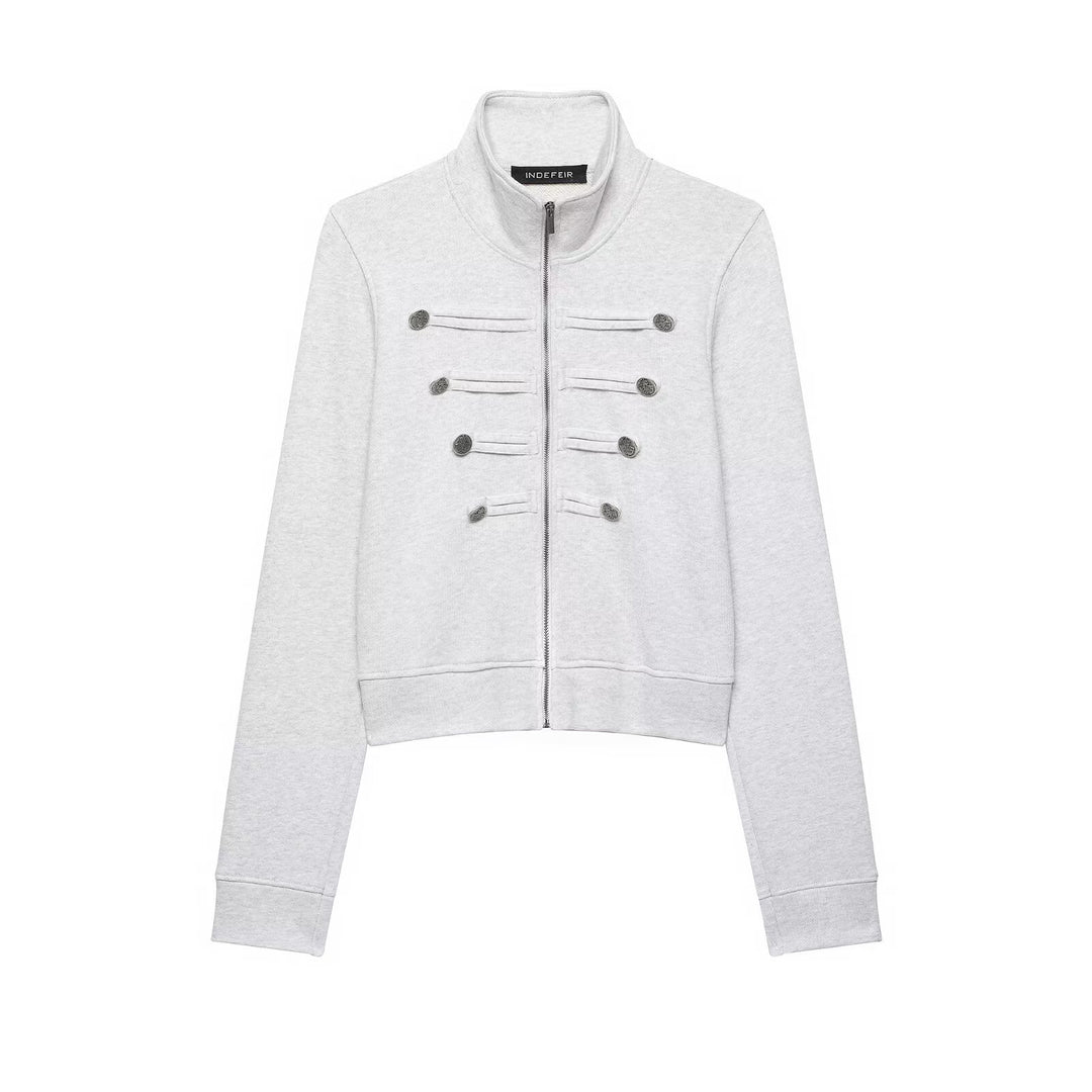 Women Short Sweat Jacket in Military Style with Stand Collar and Decorative Button Placket Mune Fashion