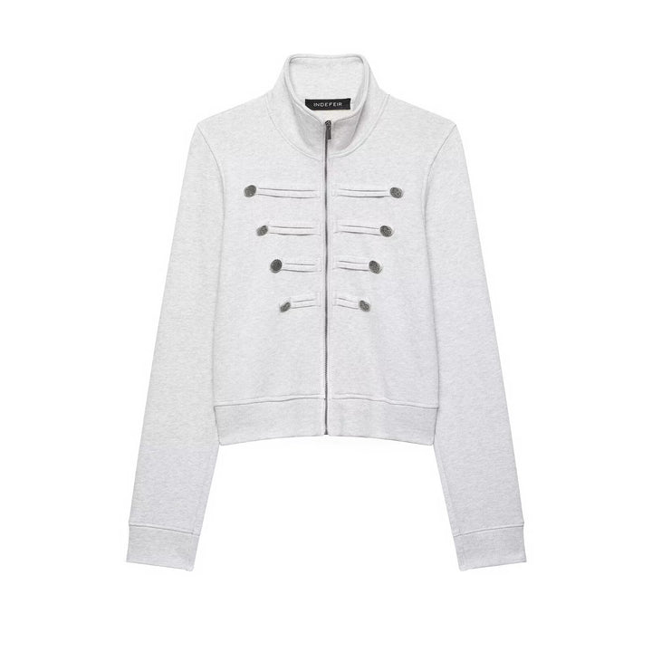 Women Short Sweat Jacket in Military Style with Stand Collar and Decorative Button Placket Mune Fashion