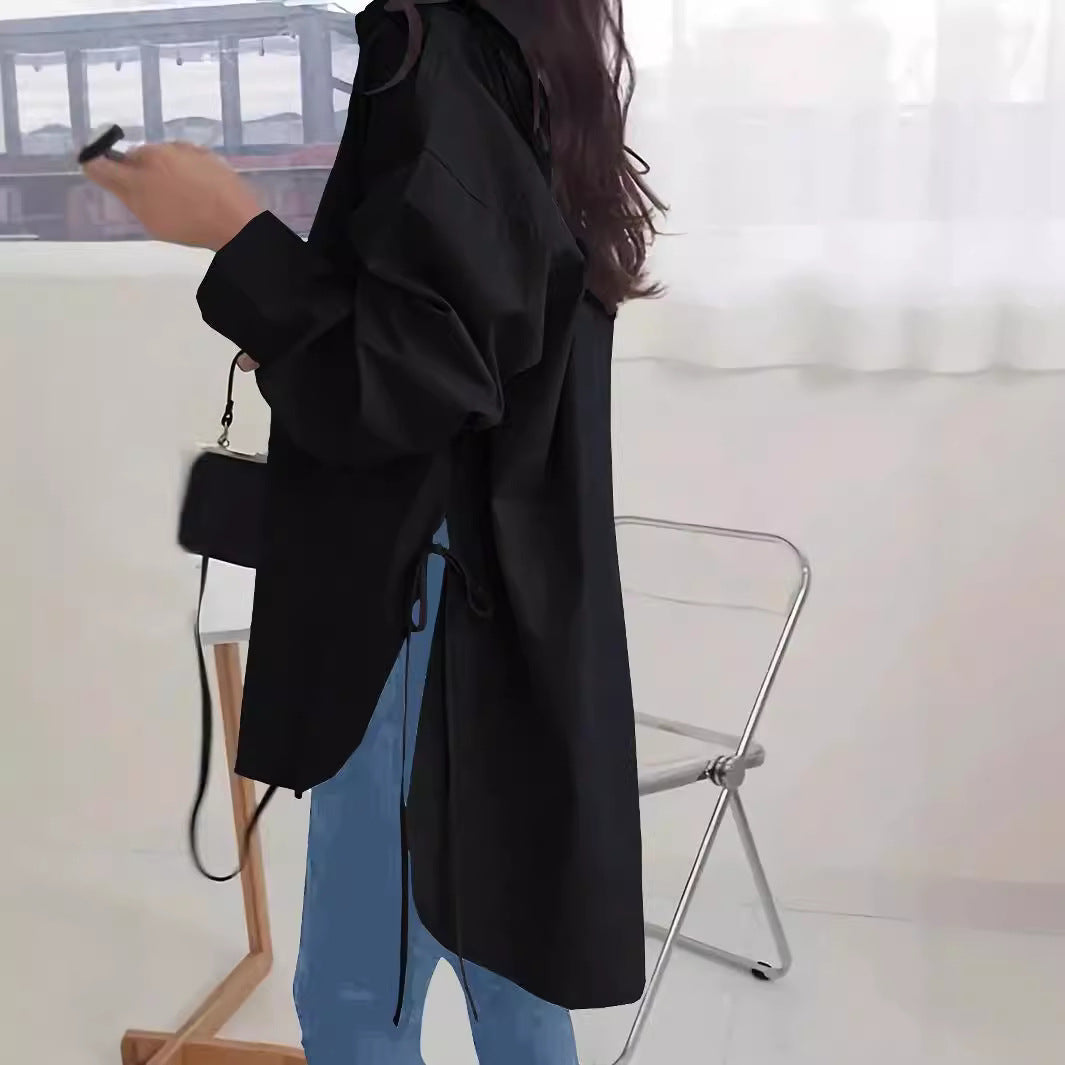 Women Oversized Long Blouse with Drawstring and Wide Cuff Sleeve