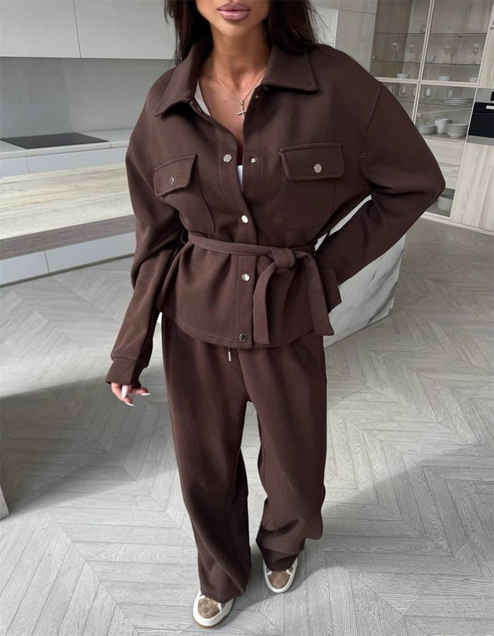 Women Two-Piece Loungewear Set with Fitted Blouson, Tied Belt and Wide Palazzo Pants Mune Fashion