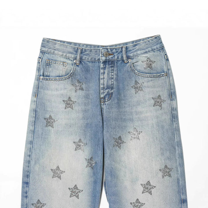 Women's jeans pants with wide leg and star rhinestone trim Mune Fashion