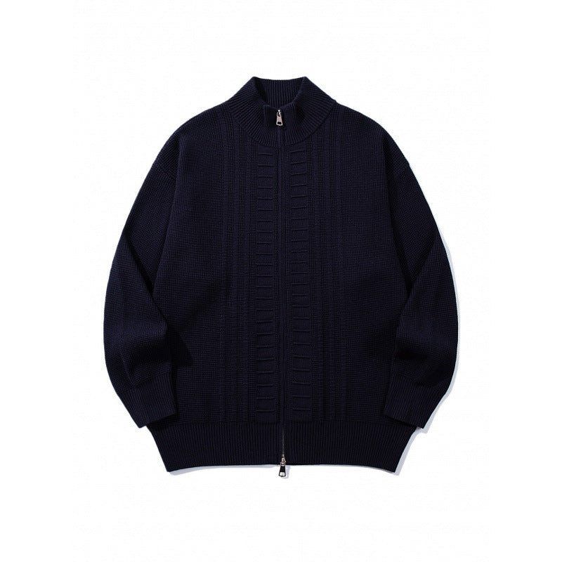 Men's chunky knit zip cardigan with high collar and double zipper Mune Fashion