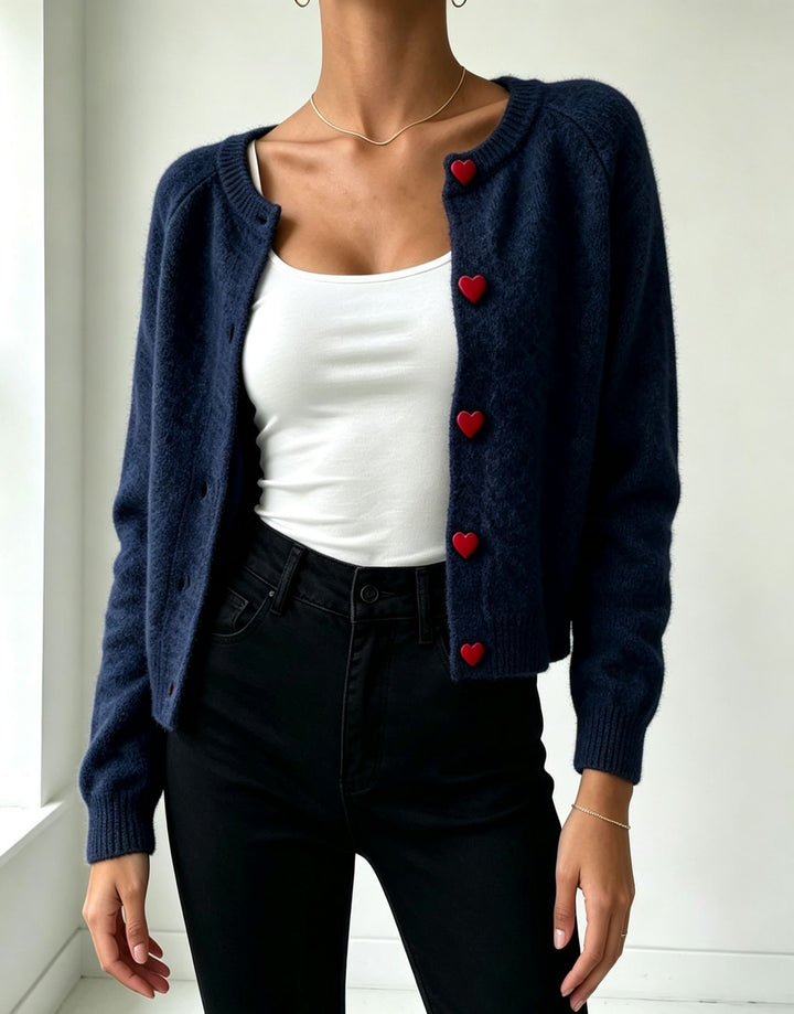 Women's knit cardigan with heart-shaped decorative buttons and soft mohair look Mune Fashion
