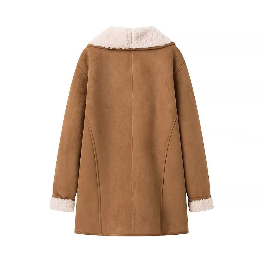 Women's midi coat made of lamb fur imitation with voluminous shawl collar and button closure Mune Fashion